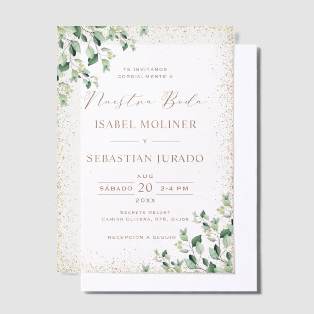 Gold Frame Greenery Nuestra Boda Spanish Wedding Vellum Invitations (Offset)