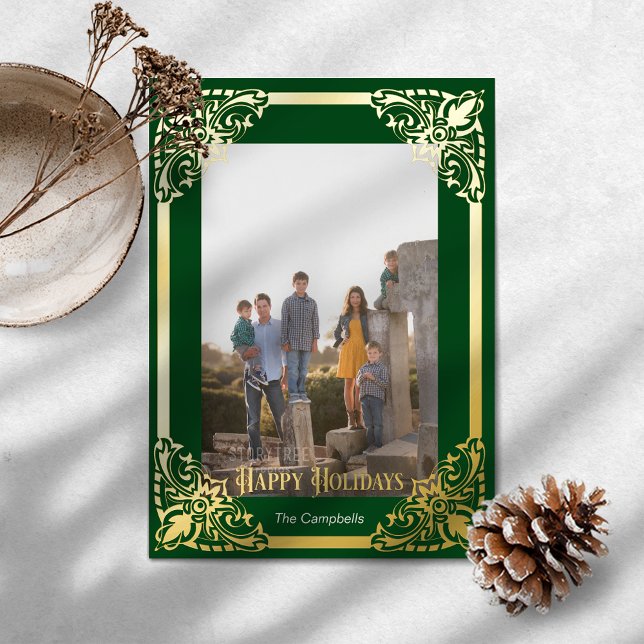 Gold Frame Happy Holidays Photo Foil Greeting Card (Creator Uploaded)