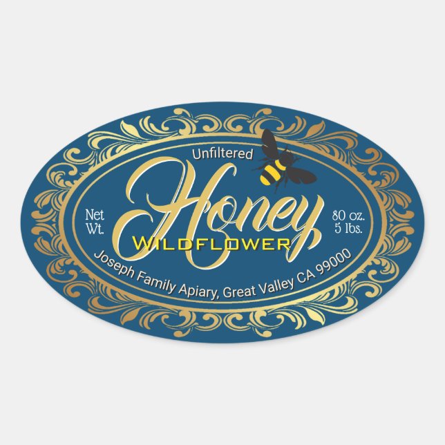 Gold Frame Imperial Blue Honey Jar Oval Sticker (Front)