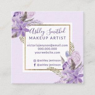 Gold frame lavender floral watercolor makeup square business card