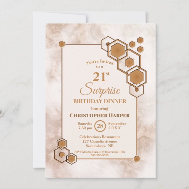 Gold Frame Marble Surprise 21st Birthday Dinner Invitation (Front)