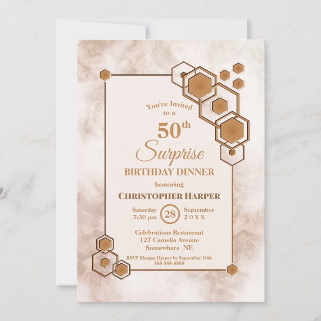 Gold Frame Marble Surprise 50th Birthday Dinner Invitation (Front)