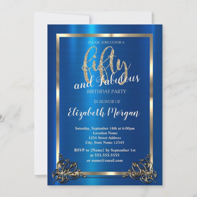 Gold Frame Metallic Blue 50th Birthday Party Invitation (Front)