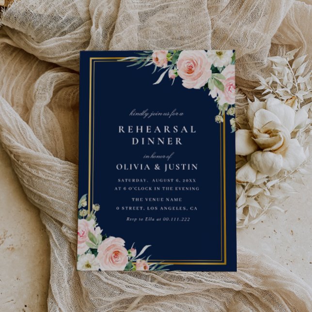 gold frame navy and blush floral rehearsal dinner invitation (Creator Uploaded)