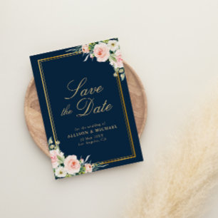 gold frame navy blush floral save the date card
