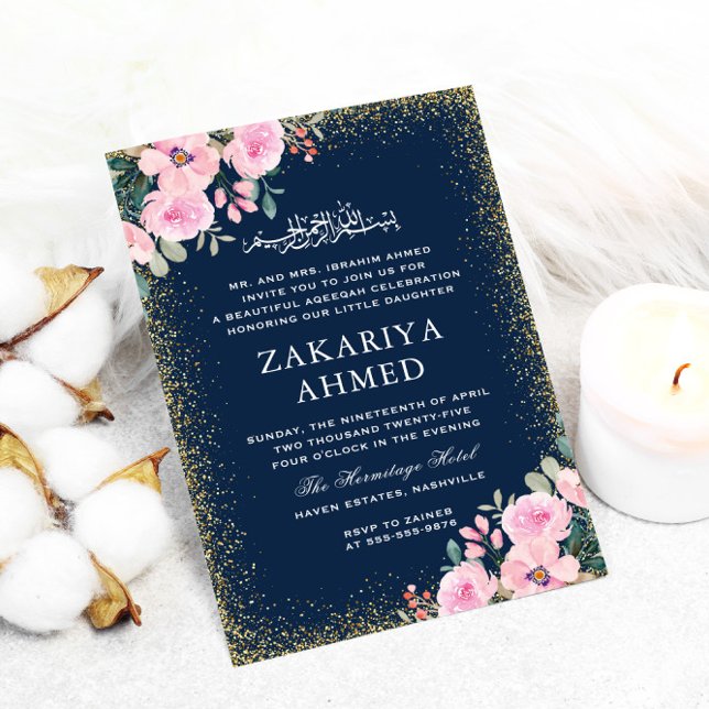 Gold Frame Navy Floral Islamic Aqiqa Aqeeqa Baby Invitation (Creator Uploaded)