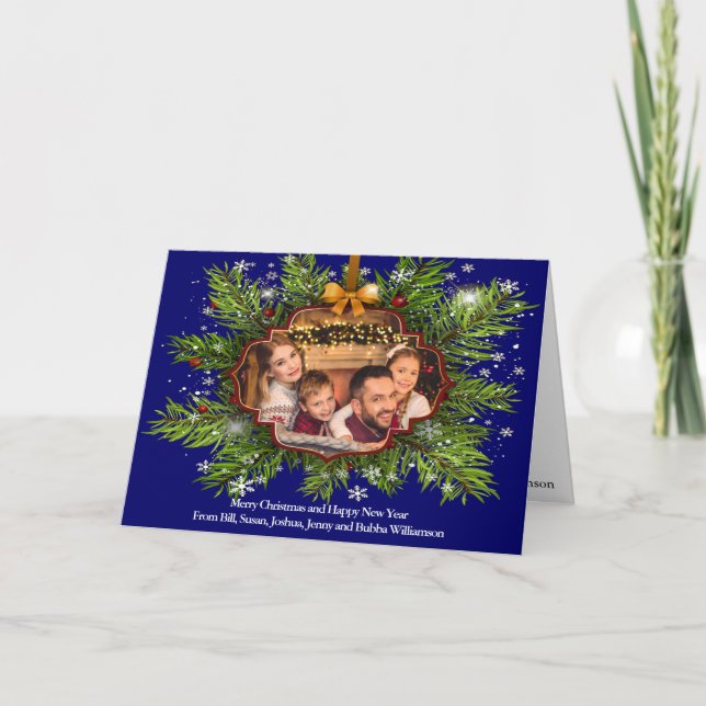Gold Frame on Pine Weathered Wood Christmas Photo Holiday Card (Front)