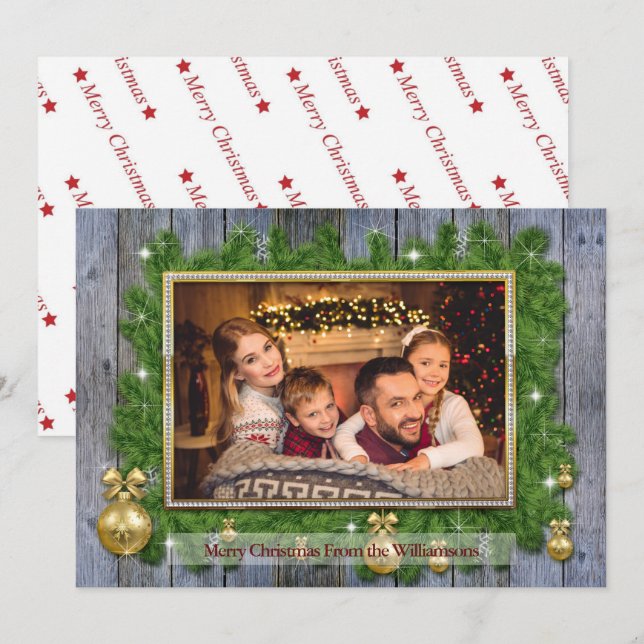 Gold Frame on Pine Weathered Wood Christmas Photo Holiday Card (Front/Back)