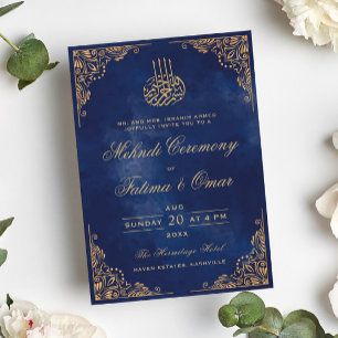 Gold Frame Ornate Blue Islamic Mehndi Ceremony Invitation