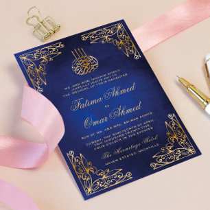 Gold Frame Ornate Blue Islamic Muslim Wedding Invitation