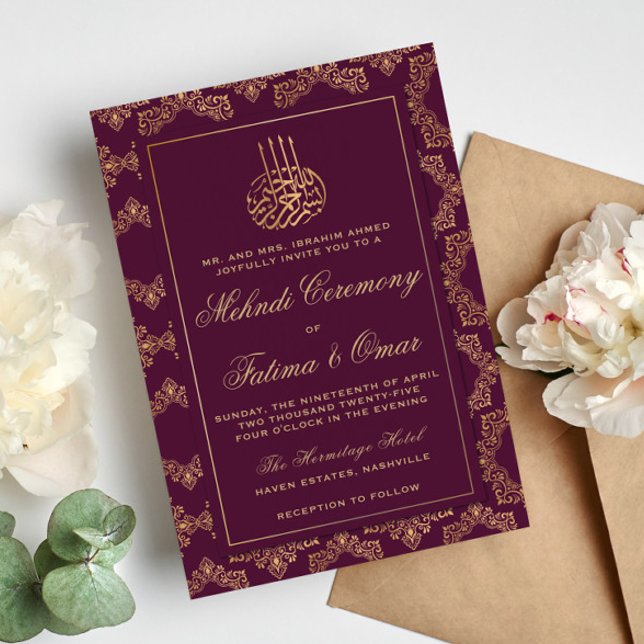 Gold Frame Ornate Burgundy Islamic Mehndi Ceremony Invitation (Creator Uploaded)