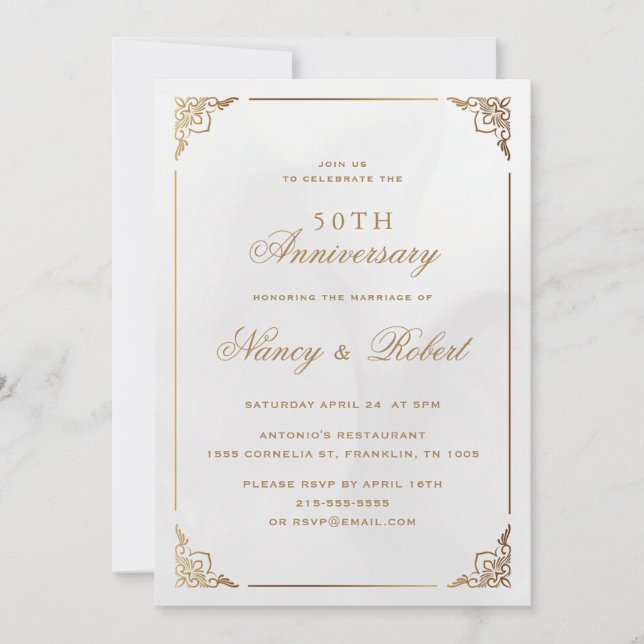 Gold Frame Ornate Cream 50th Wedding Anniversary Invitation (Front)
