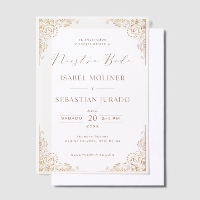 Gold Frame Ornate Nuestra Boda Spanish Wedding Vellum Invitations (Offset)