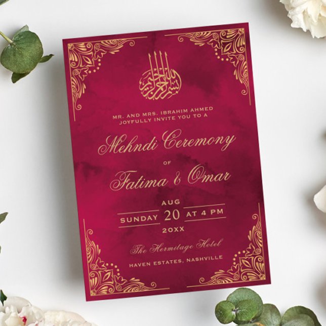 Gold Frame Ornate Red Islamic Mehndi Ceremony Invitation (Creator Uploaded)