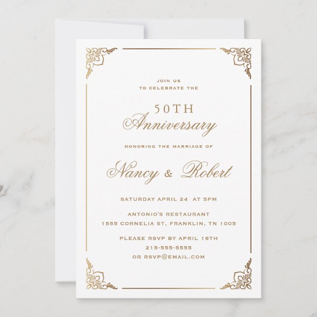 Gold Frame Ornate White 50th Wedding Anniversary Invitation (Front)