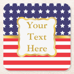 Gold Frame Over Patriotic Background Square Paper Coaster