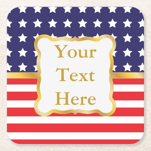 Gold Frame Over Patriotic Background Square Paper Coaster (Front)