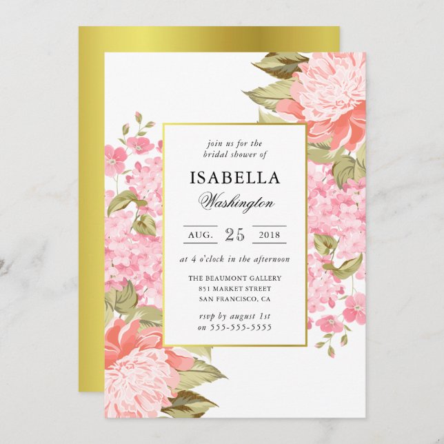 Gold Frame Peonies and Hydrangeas Bridal Shower Invitation (Front/Back)