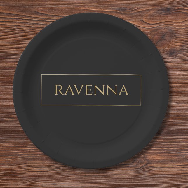 Gold Frame Personalised Name Deep Black Luxury Paper Plate (Creator Uploaded)