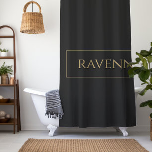 Gold Frame Personalised Name Deep Black Luxury Shower Curtain