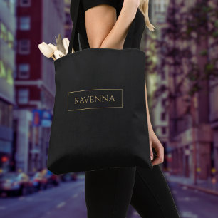 Gold Frame Personalised Name Deep Black Luxury Tote Bag