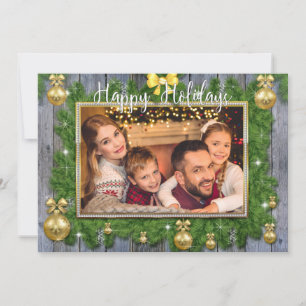 Gold Frame Pine Boughs Wood Christmas Photo Holiday Card
