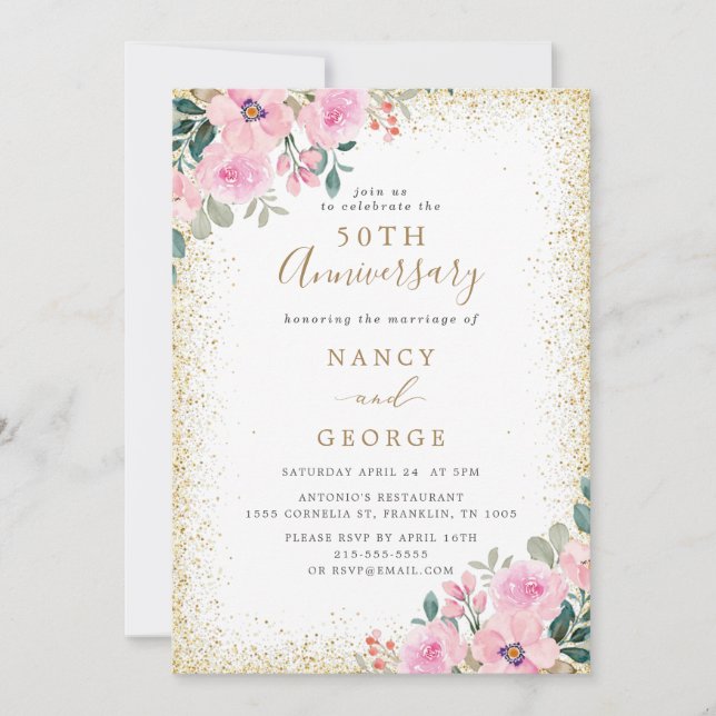 Gold Frame Pink Floral 50th Wedding Anniversary Invitation (Front)
