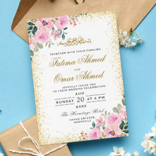Gold Frame Pink Floral  Islamic Muslim Wedding Invitation