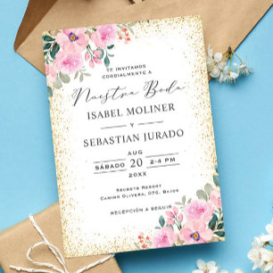 Gold Frame Pink Floral Nuestra Boda Spanish Invitation