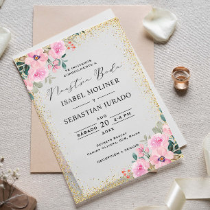 Gold Frame Pink Floral Nuestra Boda Spanish Vellum Invitations