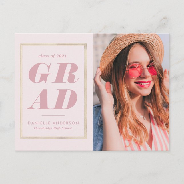 gold frame pink graduation announcement postcard (Front)