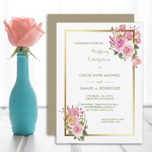 Gold Frame Pink Rose Wedding Invitation
