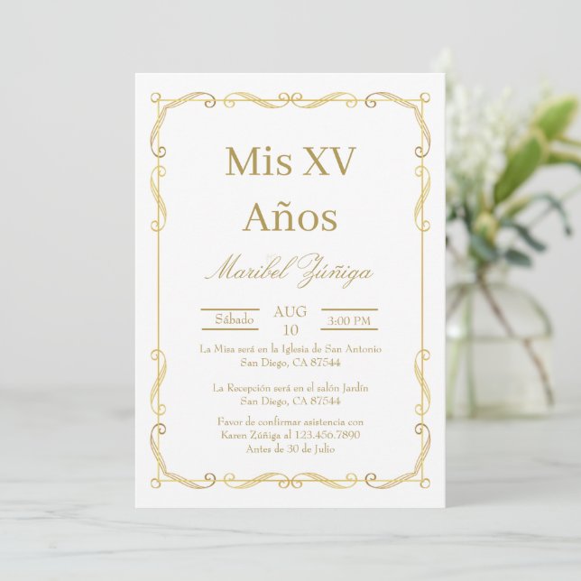 Gold frame Quinceanera invitation (Standing Front)