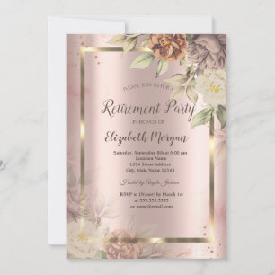 Gold Frame,Rose Gold Blush Flowers Retirement Invitation