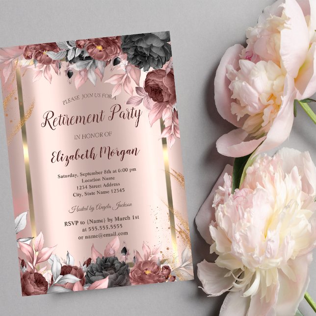Gold Frame,Rose Gold Chic Flowers  Retirement  Invitation (Creator Uploaded)