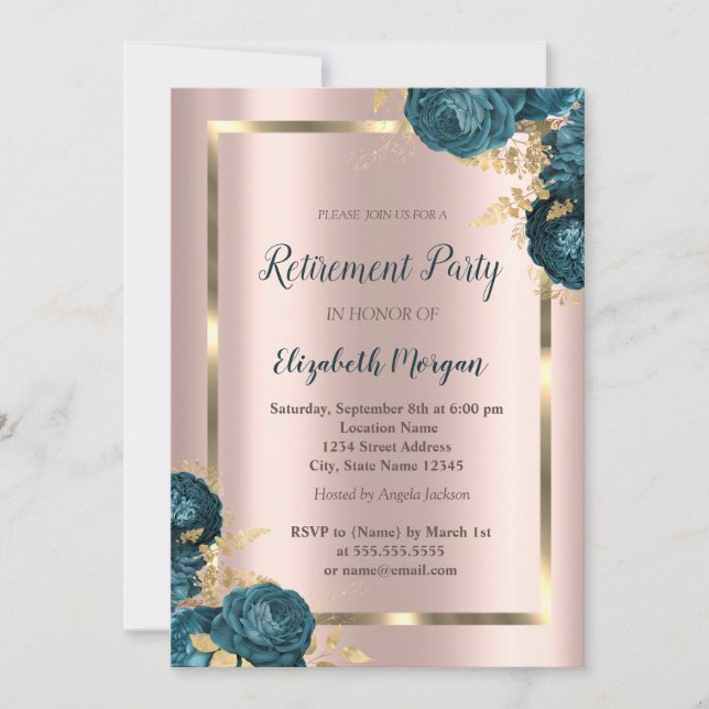 Gold Frame,Rose Gold Green Flowers Retirement  Invitation (Front)