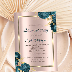 Gold Frame,Rose Gold Green Flowers Retirement  Invitation