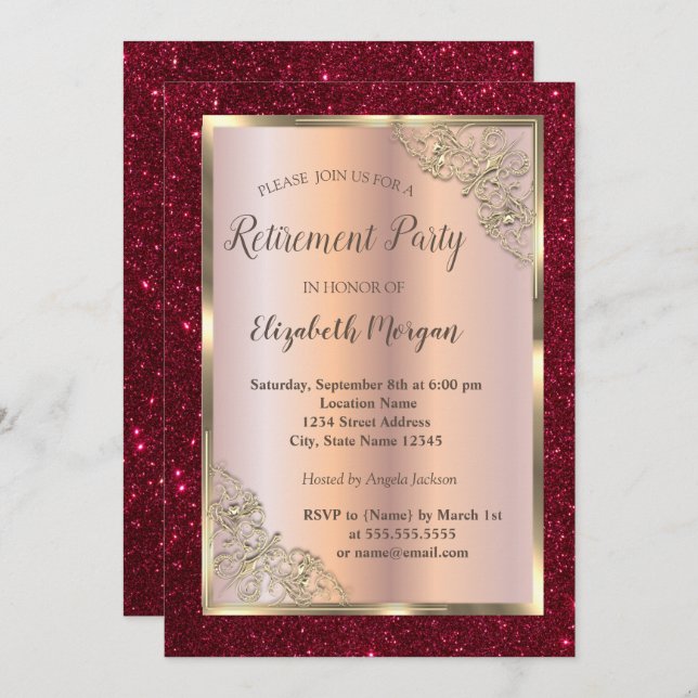  Gold Frame,Rose Gold,Red Glitter Retirement  Invitation (Front/Back)