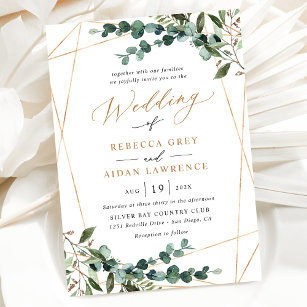 Gold Frame Rustic Watercolor Greenery Wedding Invitation