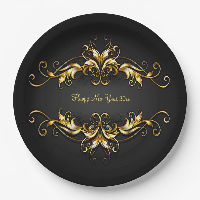 Gold Frame Scroll Happy New Year 20xx Text 9" Paper Plate (Front)