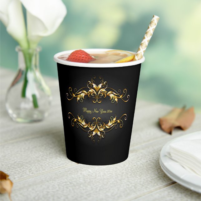 Gold Frame Scroll Happy New Year 20xx Text Paper Cups (Insitu)