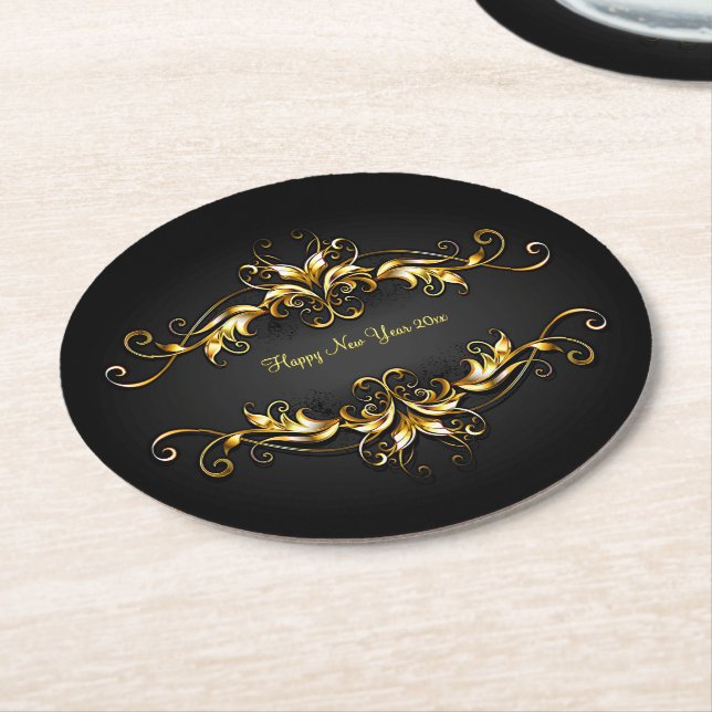 Gold Frame Scroll Happy New Year 20xx Text Round Paper Coaster (Angled)