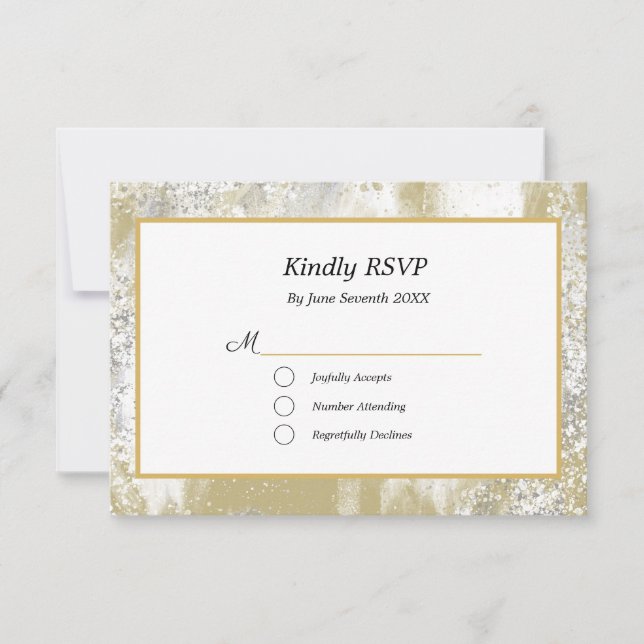Gold Frame Silver and Gold Splatters Wedding  RSVP Card (Front)