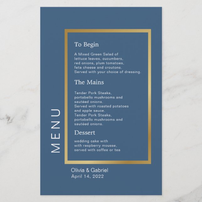 Gold Frame Simple elegant classy blue wedding menu (Front)