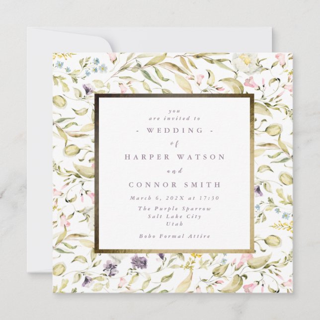 Gold Frame Spring Boho Wildflower Pampas Wedding Invitation (Front)