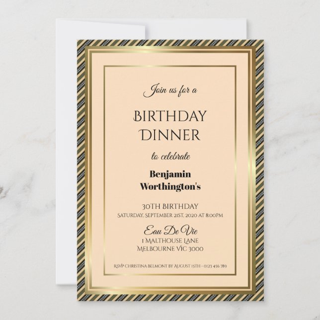 Gold Frame Striped 30th Birthday Dinner Invitation (Front)