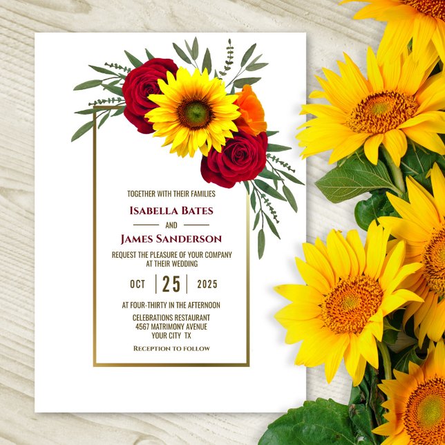 Gold Frame Sunflower Burgundy Rose Wedding Invitation (Creator Uploaded)