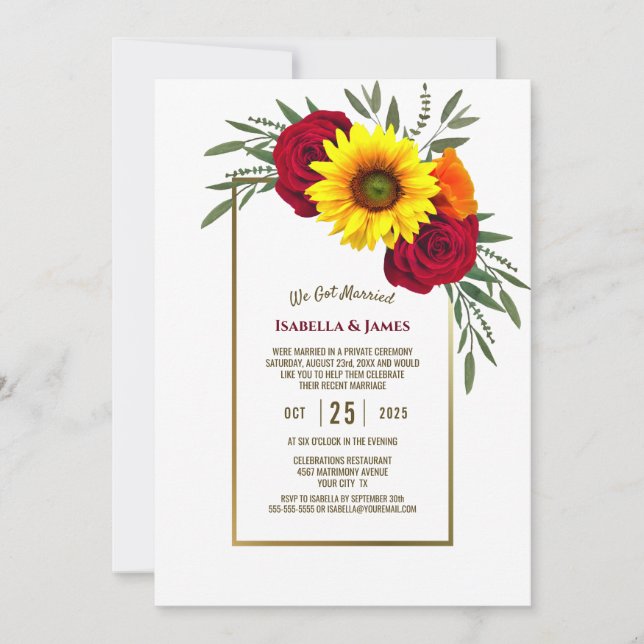 Gold Frame Sunflower Rose Wedding Reception Invitation (Front)