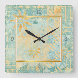 Gold Frame Teal Abstract Design Square Wall Clock