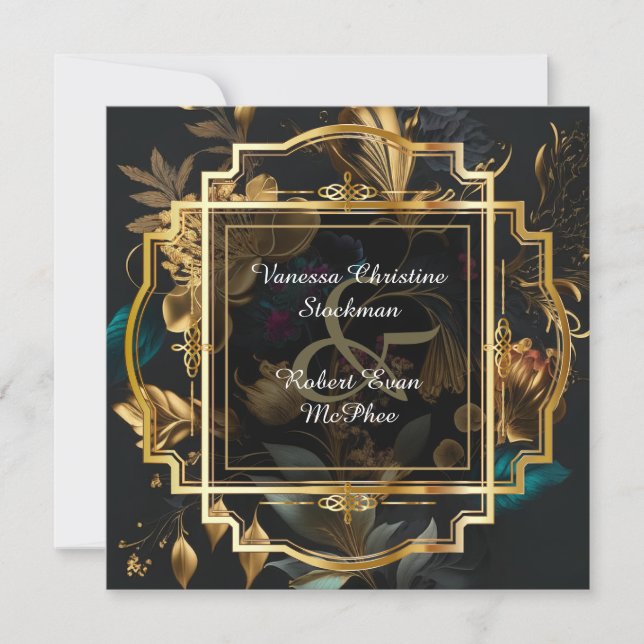 Gold Frame with Flowers Wedding Invitation (Front)
